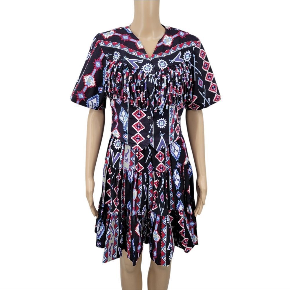 Circle T Vintage Western Aztec Print Fringe Crop Top And Skirt Matching Set